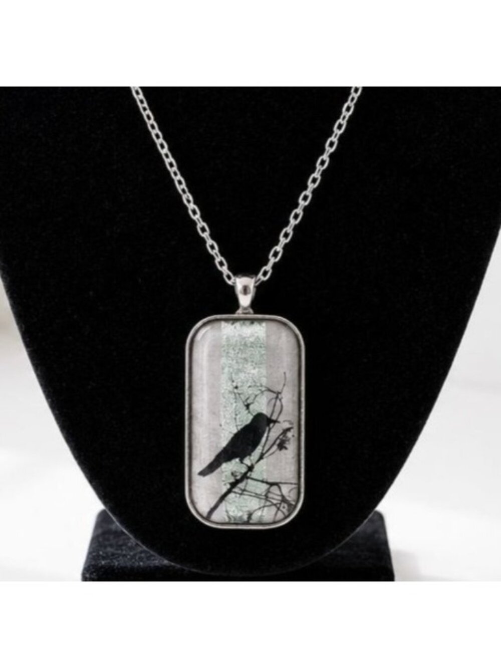 Black Bird Pendant Necklace With Glass Dome & Silver-Tone Chain 24 Inches Long N